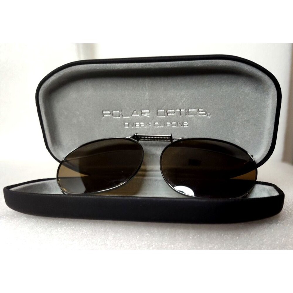 Polar Optics Over Clip On Sunglasses With Protective Case Adjustable Brown Oval